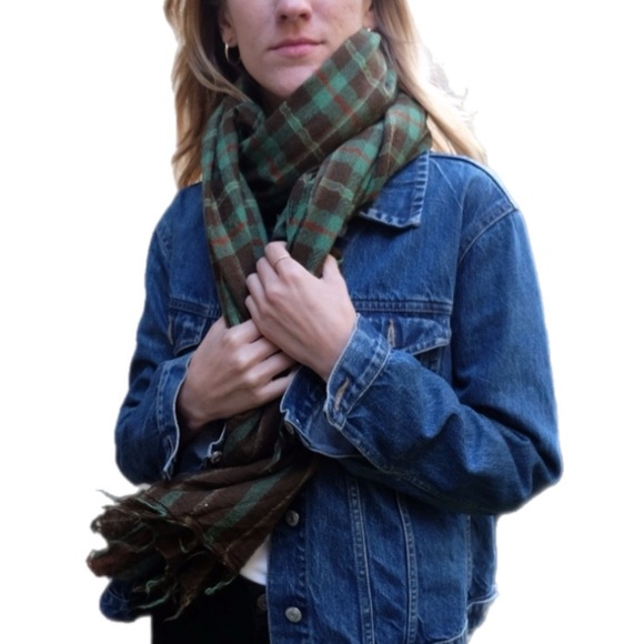 Vintage Accessories - Vintage Plaid Green Red Brown Yellow Long Wool Fringed Scarf